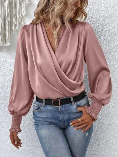 Blue Zone Planet | Surplice Smocked Lantern Sleeve Blouse BLUE ZONE PLANET