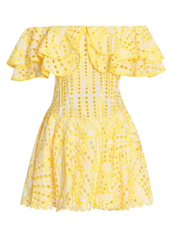 Blue Zone Planet | Sweet and one-neck ruffle edge hollow embroidery holiday dress BLUE ZONE PLANET