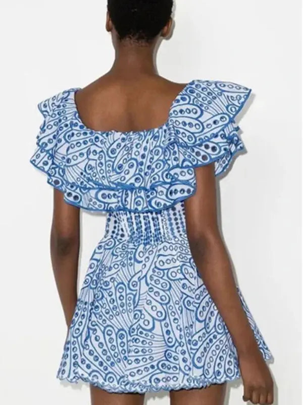 Blue Zone Planet | Sweet and one-neck ruffle edge hollow embroidery holiday dress BLUE ZONE PLANET