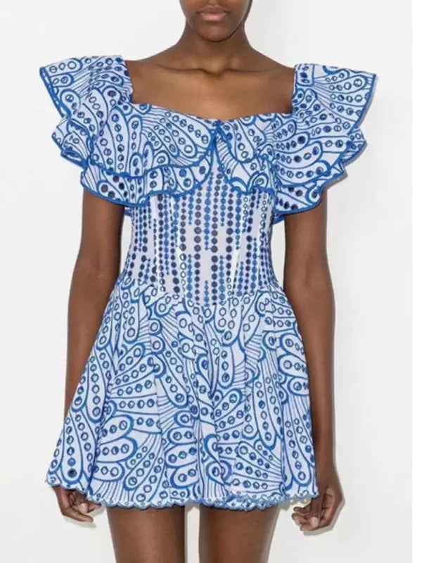 Blue Zone Planet | Sweet and one-neck ruffle edge hollow embroidery holiday dress BLUE ZONE PLANET
