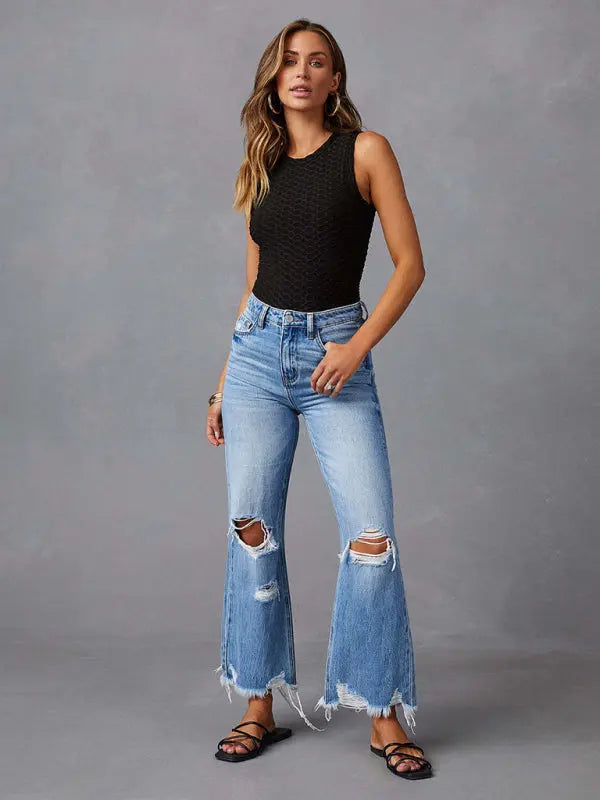 Blue Zone Planet | Tassel washed ripped wide leg jeans BLUE ZONE PLANET