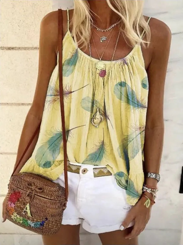 Blue Zone Planet | Tops Loose Feather Print Camisole T-Shirt BLUE ZONE PLANET