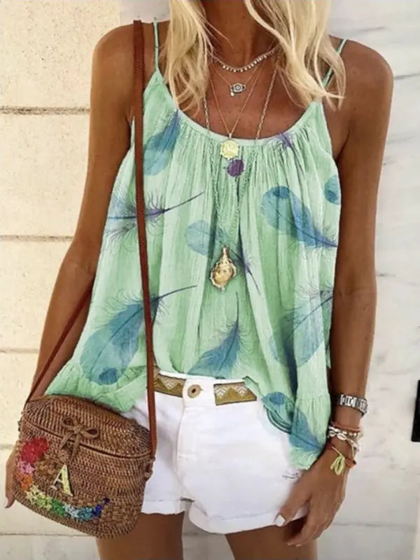 Blue Zone Planet | Tops Loose Feather Print Camisole T-Shirt BLUE ZONE PLANET