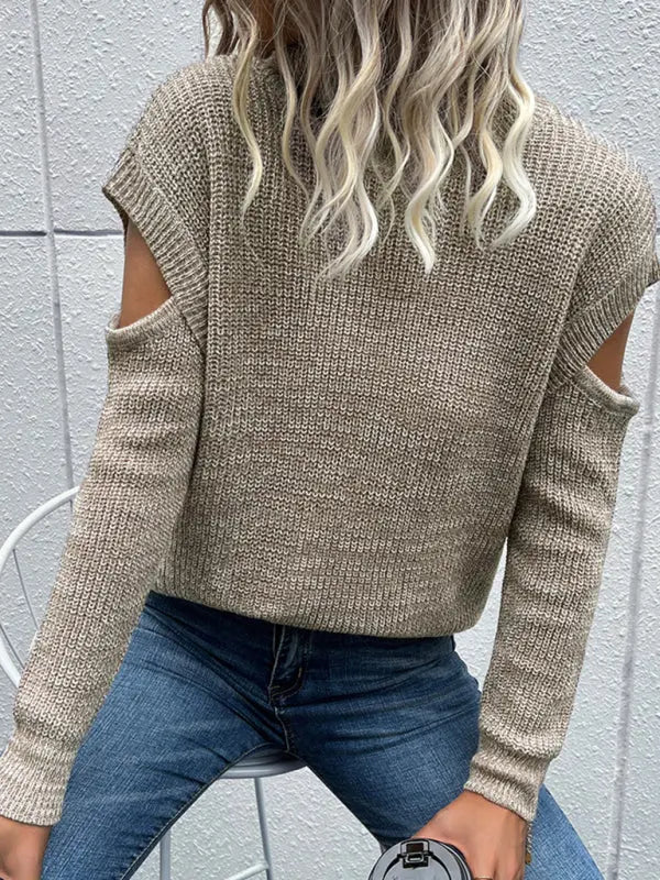 Blue Zone Planet | Turtleneck Long Sleeve Solid Color Cutout Off Shoulder Sweater BLUE ZONE PLANET