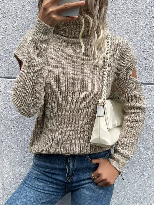 Blue Zone Planet | Turtleneck Long Sleeve Solid Color Cutout Off Shoulder Sweater BLUE ZONE PLANET