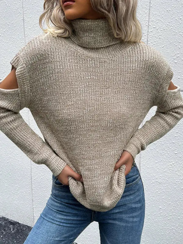 Blue Zone Planet | Turtleneck Long Sleeve Solid Color Cutout Off Shoulder Sweater BLUE ZONE PLANET
