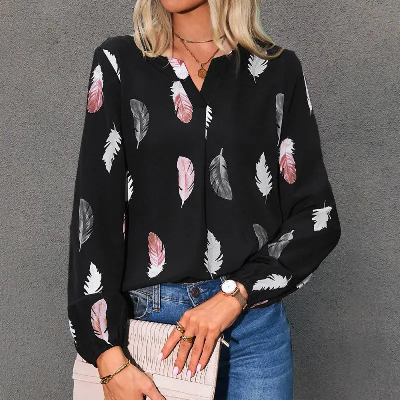 Blue Zone Planet | V Neck Feather Print Long Sleeve Oversized T-Shirt Shirt BLUE ZONE PLANET