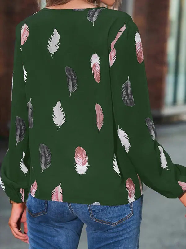 Blue Zone Planet | V Neck Feather Print Long Sleeve Oversized T-Shirt Shirt BLUE ZONE PLANET