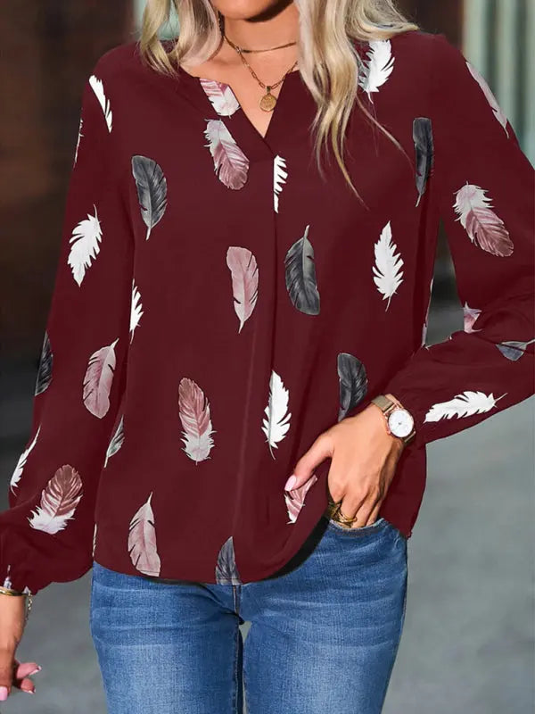 Blue Zone Planet | V Neck Feather Print Long Sleeve Oversized T-Shirt Shirt BLUE ZONE PLANET