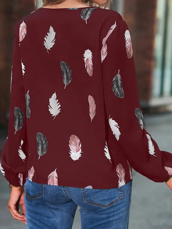 Blue Zone Planet | V Neck Feather Print Long Sleeve Oversized T-Shirt Shirt BLUE ZONE PLANET