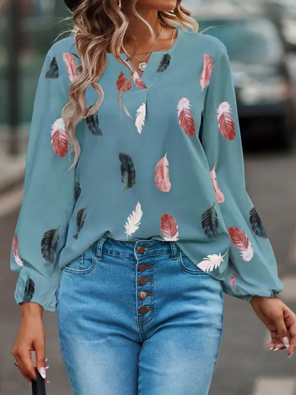 Blue Zone Planet | V Neck Feather Print Long Sleeve Oversized T-Shirt Shirt BLUE ZONE PLANET