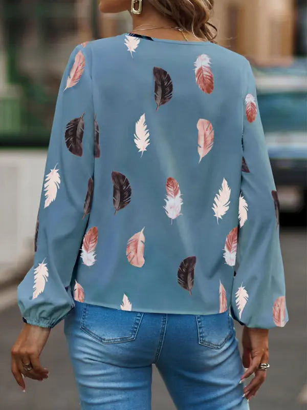 Blue Zone Planet | V Neck Feather Print Long Sleeve Oversized T-Shirt Shirt BLUE ZONE PLANET