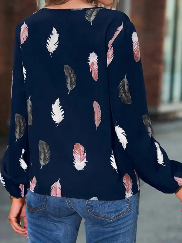 Blue Zone Planet | V Neck Feather Print Long Sleeve Oversized T-Shirt Shirt BLUE ZONE PLANET