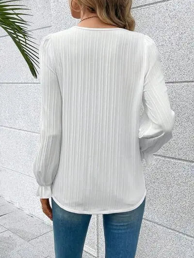 Blue Zone Planet | V-Neck Lace Detail Flounce Sleeve Blouse BLUE ZONE PLANET