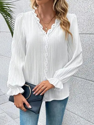 Blue Zone Planet | V-Neck Lace Detail Flounce Sleeve Blouse BLUE ZONE PLANET