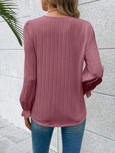 Blue Zone Planet | V-Neck Lace Detail Flounce Sleeve Blouse BLUE ZONE PLANET