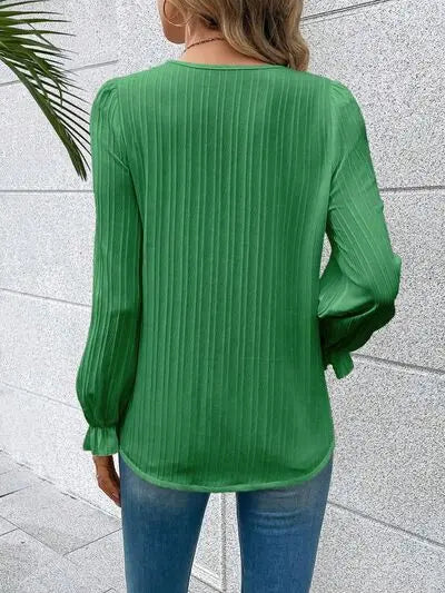 Blue Zone Planet | V-Neck Lace Detail Flounce Sleeve Blouse BLUE ZONE PLANET