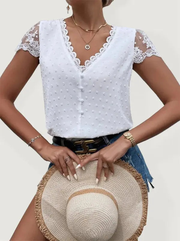 Blue Zone Planet | V-Neck Shirt Collar Sleeve Panel Lace Trim Shirt BLUE ZONE PLANET