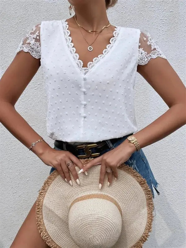 Blue Zone Planet | V-Neck Shirt Collar Sleeve Panel Lace Trim Shirt BLUE ZONE PLANET