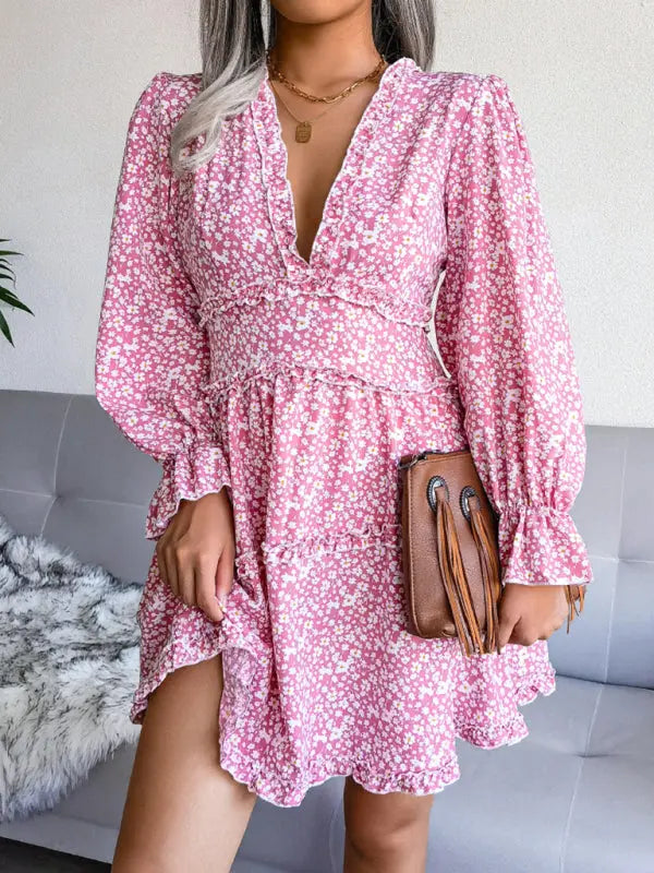 Blue Zone Planet | V-neck flower wood ear Long Sleeve Chiffon Dress BLUE ZONE PLANET