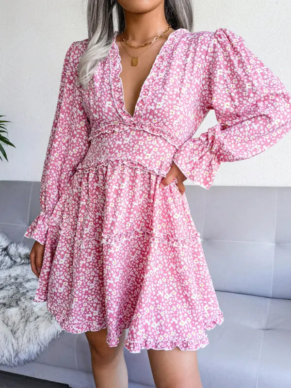 Blue Zone Planet | V-neck flower wood ear Long Sleeve Chiffon Dress BLUE ZONE PLANET