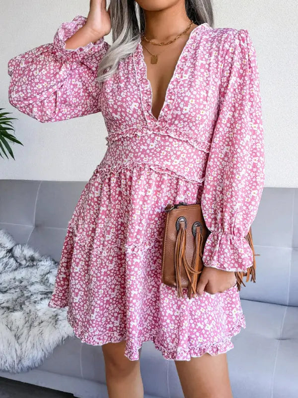 Blue Zone Planet | V-neck flower wood ear Long Sleeve Chiffon Dress BLUE ZONE PLANET
