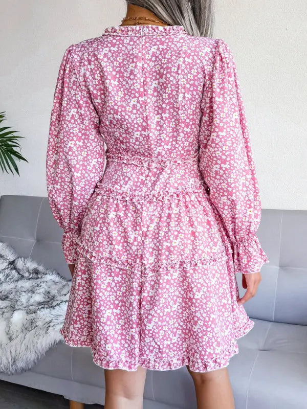 Blue Zone Planet | V-neck flower wood ear Long Sleeve Chiffon Dress BLUE ZONE PLANET