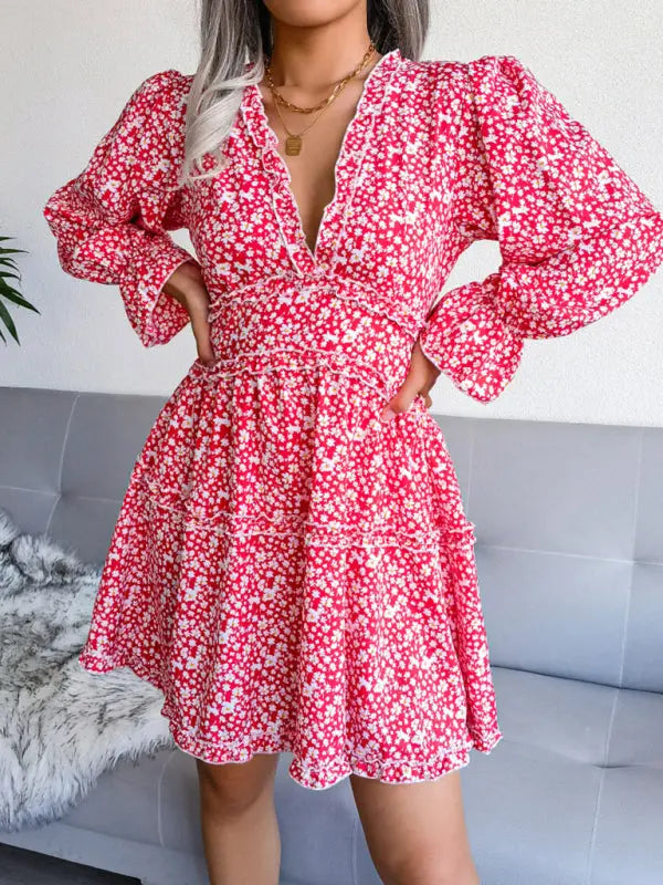 Blue Zone Planet | V-neck flower wood ear Long Sleeve Chiffon Dress BLUE ZONE PLANET
