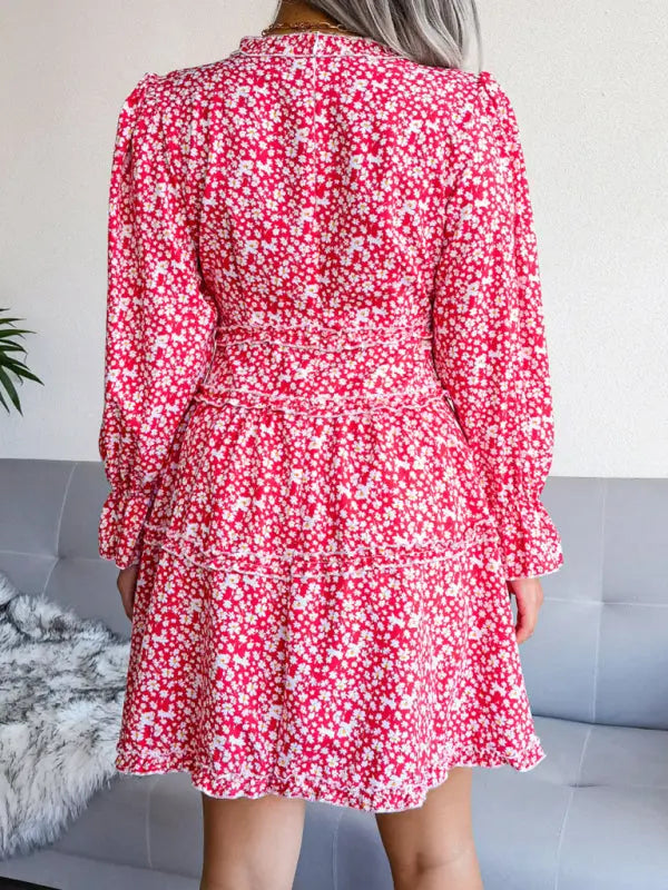 Blue Zone Planet | V-neck flower wood ear Long Sleeve Chiffon Dress BLUE ZONE PLANET