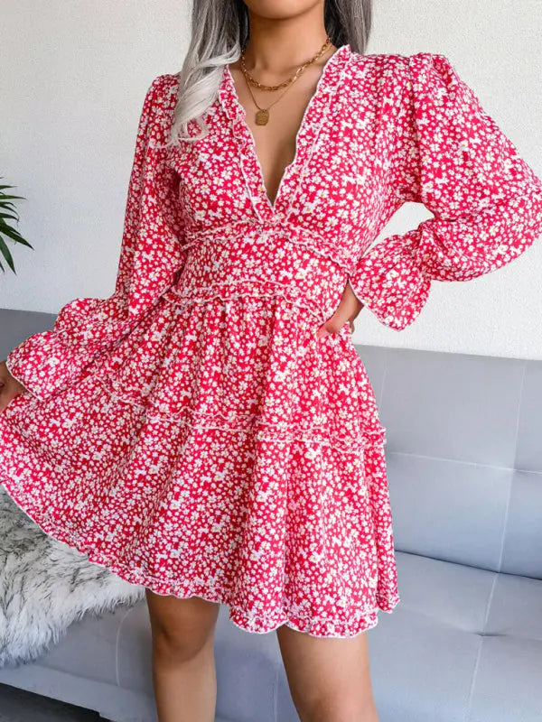 Blue Zone Planet | V-neck flower wood ear Long Sleeve Chiffon Dress BLUE ZONE PLANET
