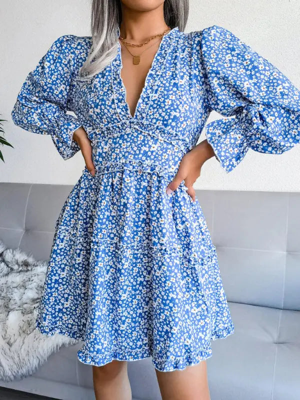Blue Zone Planet | V-neck flower wood ear Long Sleeve Chiffon Dress BLUE ZONE PLANET