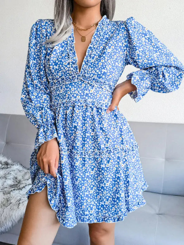Blue Zone Planet | V-neck flower wood ear Long Sleeve Chiffon Dress BLUE ZONE PLANET