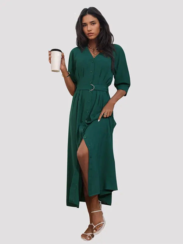 Blue Zone Planet | V-neck mid-sleeve green dress with belt BLUE ZONE PLANET
