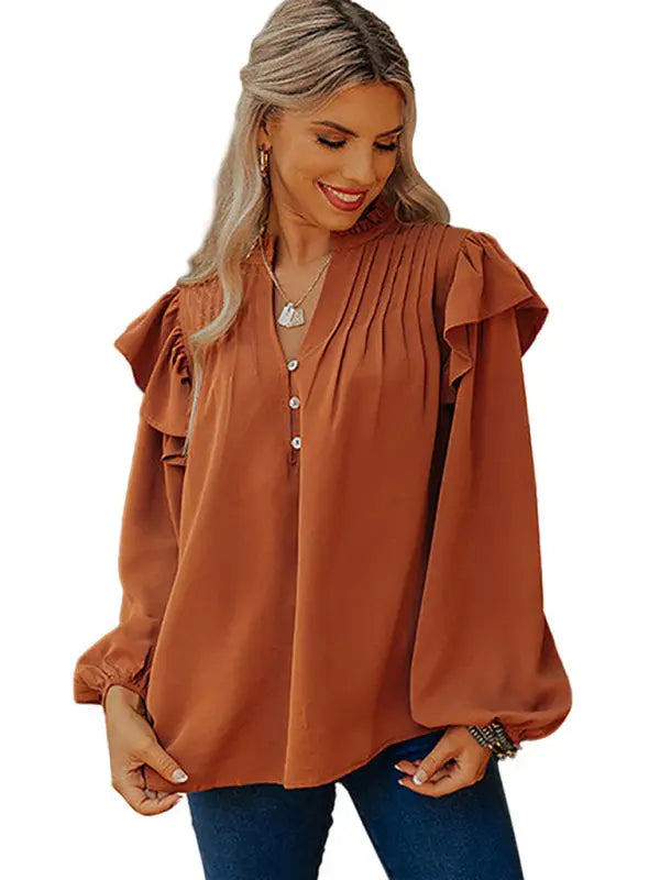 Blue Zone Planet | V-neck pullover lantern sleeves loose and ruffled button top BLUE ZONE PLANET