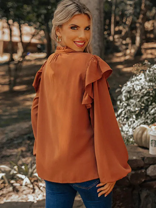 Blue Zone Planet | V-neck pullover lantern sleeves loose and ruffled button top BLUE ZONE PLANET