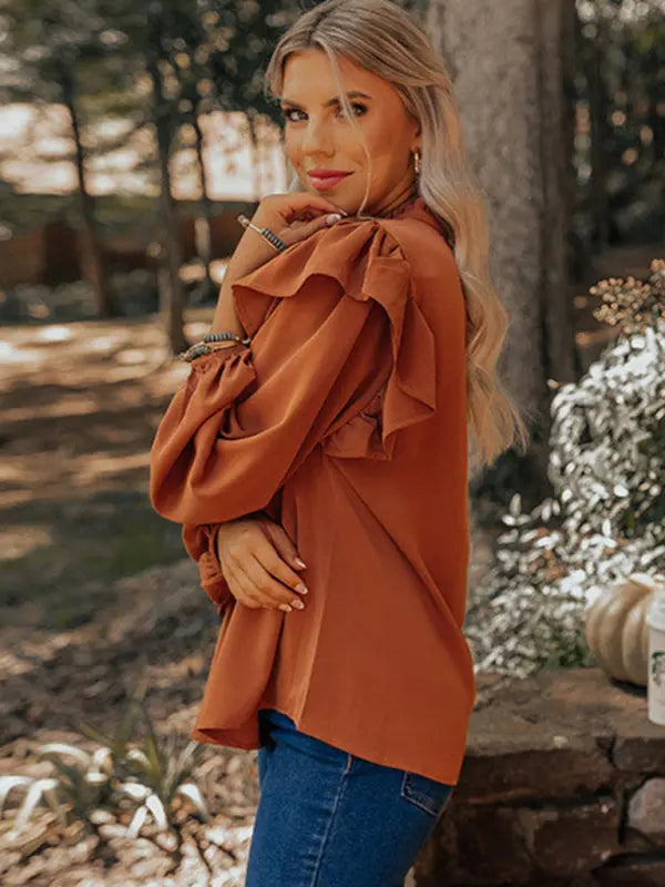 Blue Zone Planet | V-neck pullover lantern sleeves loose and ruffled button top BLUE ZONE PLANET