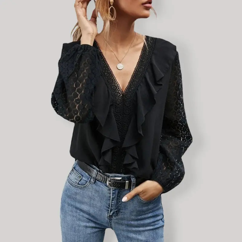 Blue Zone Planet | V-neck ruffled hollow dot lace long-sleeved dress BLUE ZONE PLANET