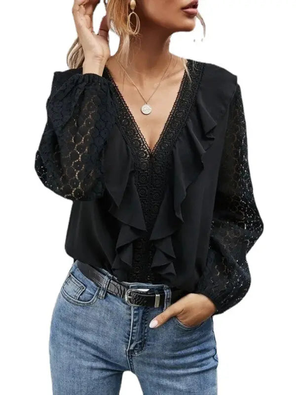 Blue Zone Planet | V-neck ruffled hollow dot lace long-sleeved dress BLUE ZONE PLANET