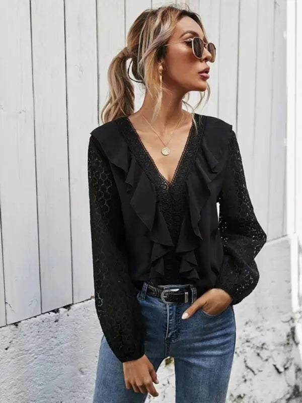 Blue Zone Planet | V-neck ruffled hollow dot lace long-sleeved dress BLUE ZONE PLANET