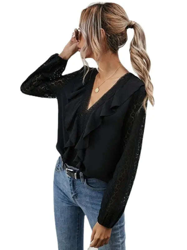 Blue Zone Planet | V-neck ruffled hollow dot lace long-sleeved dress BLUE ZONE PLANET