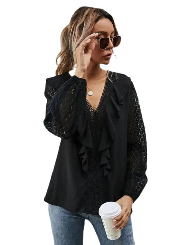 Blue Zone Planet | V-neck ruffled hollow dot lace long-sleeved dress BLUE ZONE PLANET