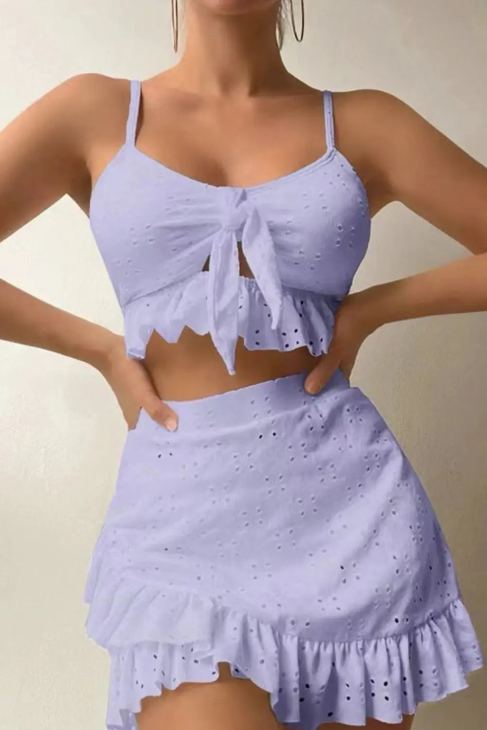 Blue Zone Planet | White Eyelet Pattern Knotted Ruffle Trim 3pcs Bikini Set Blue Zone Planet