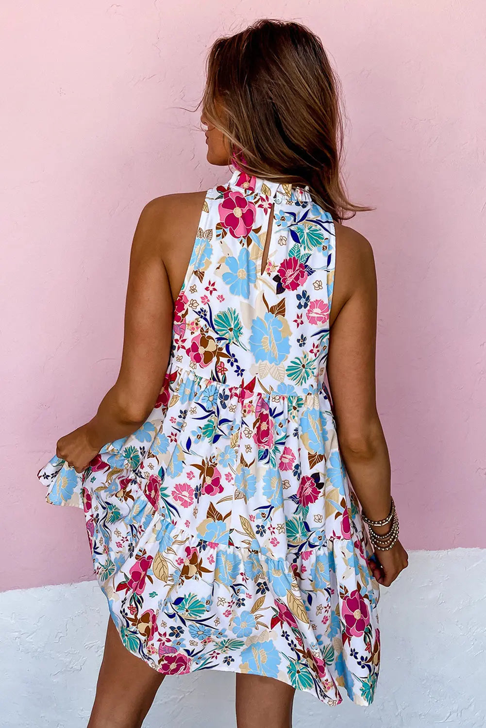 Blue Zone Planet |  White Frill Mock Neck Sleeveless Tiered Floral Dress Blue Zone Planet