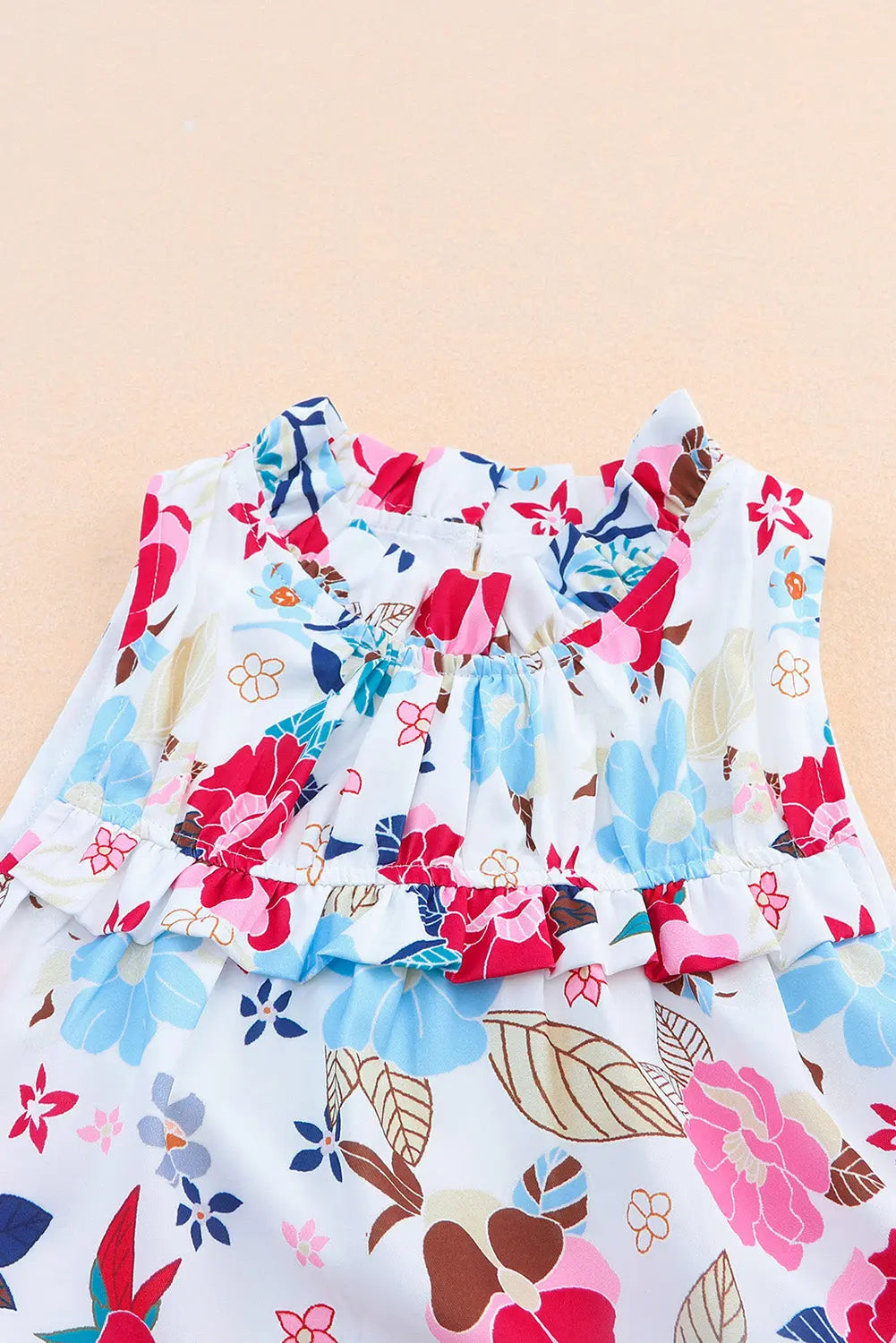 Blue Zone Planet | White Frill Mock Neck Sleeveless Tiered Floral Dress Blue Zone Planet
