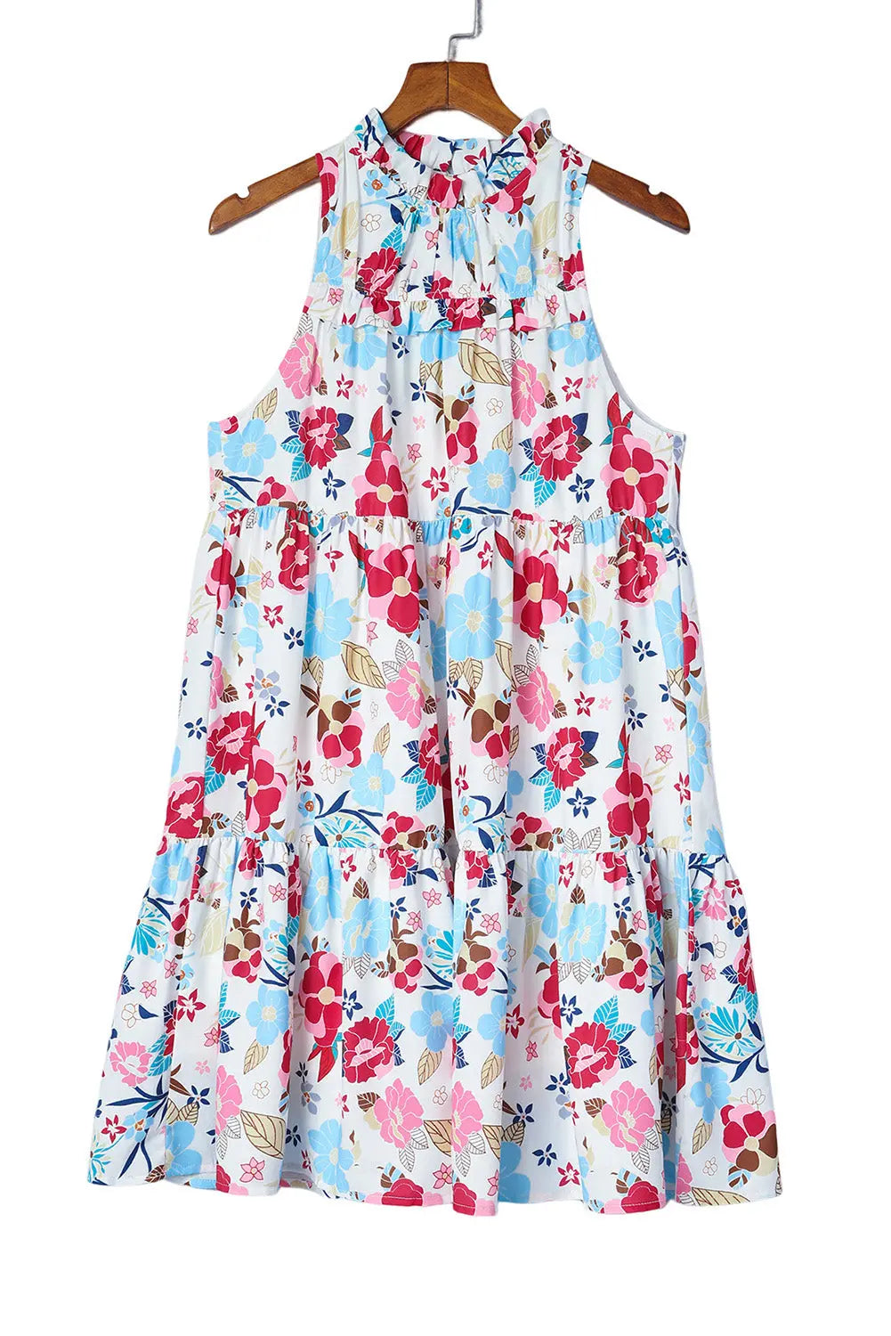 Blue Zone Planet | White Frill Mock Neck Sleeveless Tiered Floral Dress Blue Zone Planet