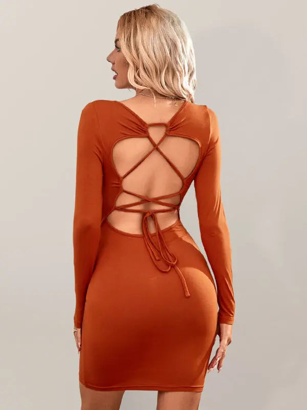 Blue Zone Planet | Women's Knitted Square Neck Sexy Backless Tie Long Sleeve Dress BLUE ZONE PLANET