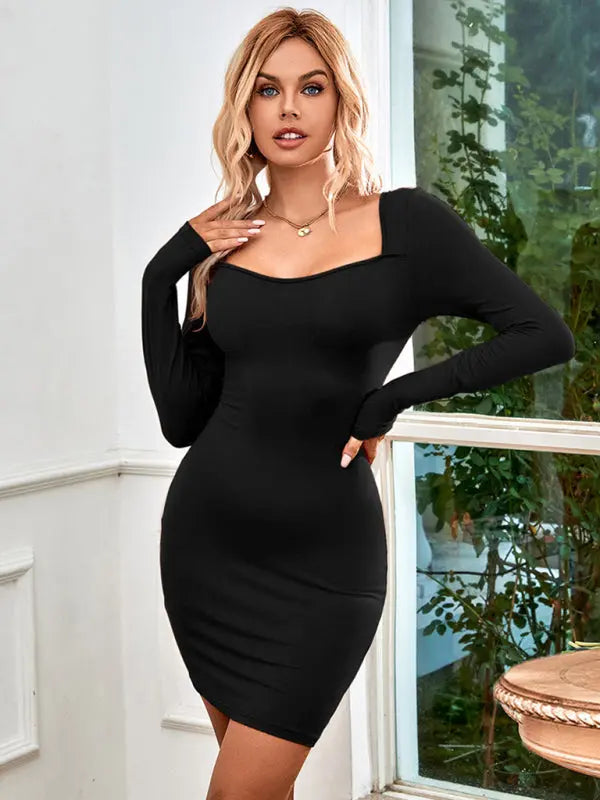 Blue Zone Planet | Women's Knitted Square Neck Sexy Backless Tie Long Sleeve Dress BLUE ZONE PLANET