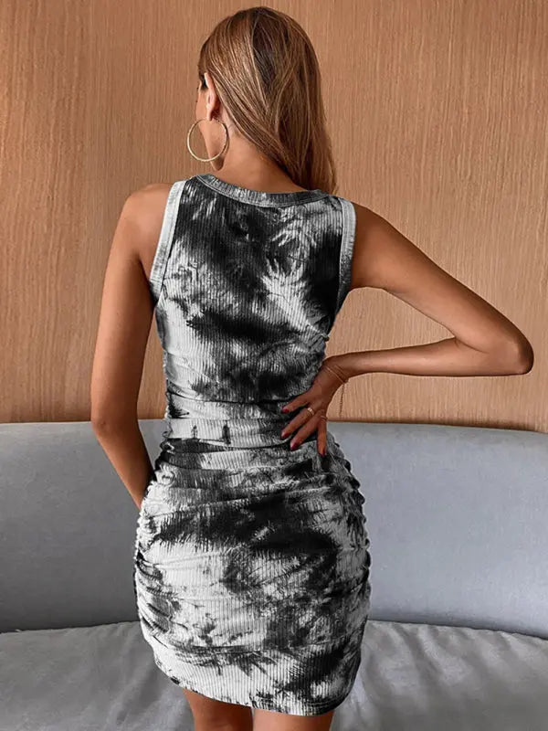 Blue Zone Planet | Women's knitted tie-dye round neck wrap hip mini dress kakaclo