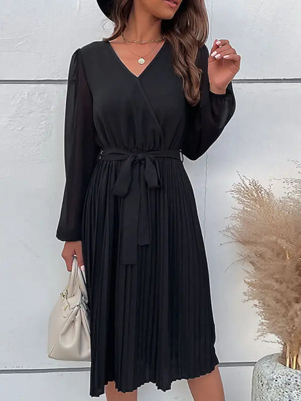 Blue Zone Planet | Woven Long Sleeve Pleated V-Neck Dress BLUE ZONE PLANET