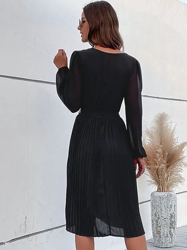 Blue Zone Planet | Woven Long Sleeve Pleated V-Neck Dress BLUE ZONE PLANET